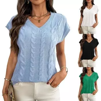 2025 весна и лето новый V-образный вырез витой жилет свободный жилет без рукавов короткий рукав женский S зелёный