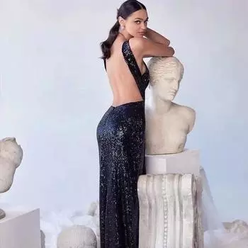 2025 весна и лето сексуальные вечерние бусины нерегулярный темперамент бусины вечернее платье ворот платье S чёрный