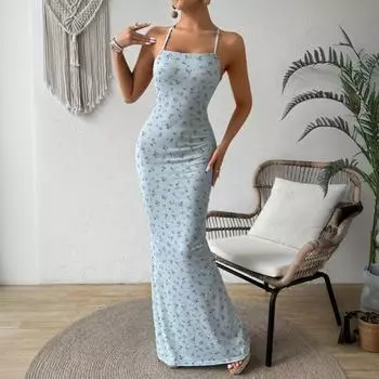 2025 весна и лето трансграничная женская одежда милое цветочное платье на подтяжках халтер облегающие вечерние платья с открытой спиной S небесно-голубой