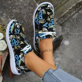 2025 весна и осень европейские и американские импортные торговые туфли большого размера с низким верхом женские граффити этнический стиль ленивые парусиновые туфли легкие бо 36