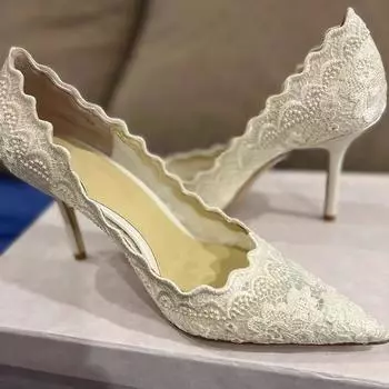 2025 весна и осень кружевные белые одинарные туфли свадебное платье туфли невесты женские заостренный нос тонкий каблук полые вышитые сетчатые высокие каблуки 35 белый