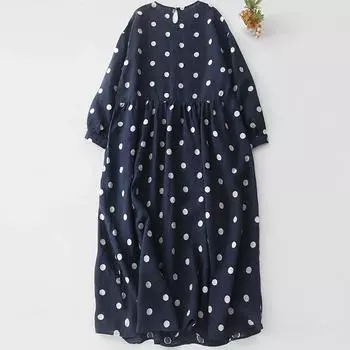 2025 весна и осень новая литературная и ретро юбка в горошек с круглым вырезом и длинным рукавом французское элегантное повседневное платье из хлопка и льна M