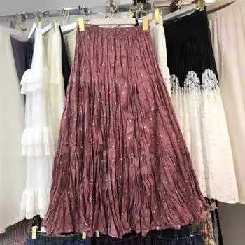 2025 весна и осень новая мода универсальная завышенная талия свободная юбка цветочная плиссированная средняя и длинная юбка one size fits all красный