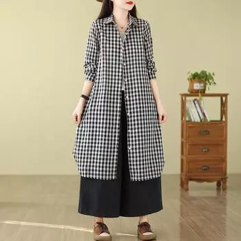 2025 весна и осень новая рубашка в клетку из хлопка и льна женская однобортная модная тонкая рубашка-пальто свободная рубашка средней и длинной длины M