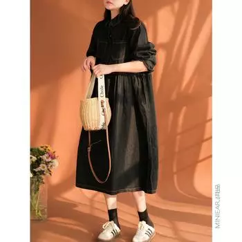 2025 весна и осень новая свободная верхняя одежда в иностранном стиле тонкое среднее и длинное хлопковое джинсовое платье, женское M джинсовый синий