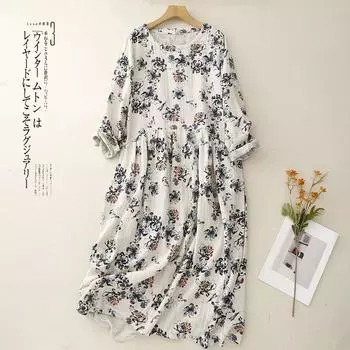 2025 весна и осень новое платье из хлопка и льна с принтом, женское свободное идиллическое платье с круглым вырезом и длинными рукавами, цветочная длинная юбка M абрикосовый
