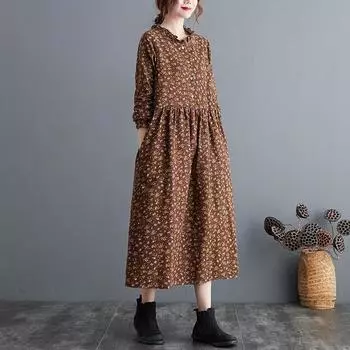 2025 весна и осень новое платье из хлопка и льна свободное большое размер с длинным рукавом модное цветочное платье для женщин M светло-синий
