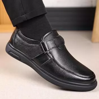 2025 весна и осень новые мужские повседневные кожаные туфли мужские кожаные дышащие туфли на липучках для пап среднего и пожилого возраста 5666 38 чёрный