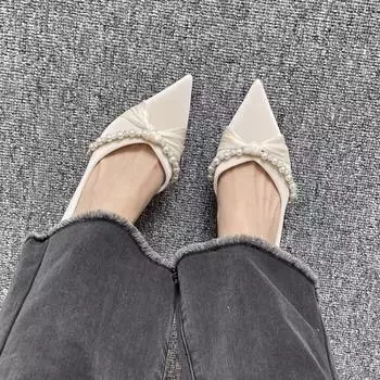 2025 весна и осень новые остроносые одинарные туфли женские боковые пустые высокие каблуки темперамент жемчужный изгиб маленький каблук универсальные одинарные туфли 36 чёрный