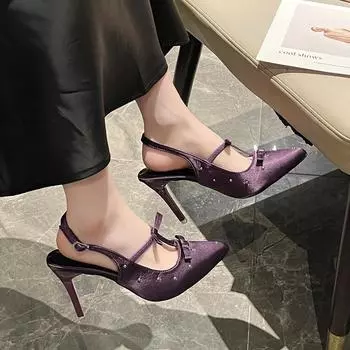 2025 весна и осень новые остроносые однотонные атласные туфли с заостренным носком и ремешком сзади со стразами женские туфли на шпильке 35 фиолетовый