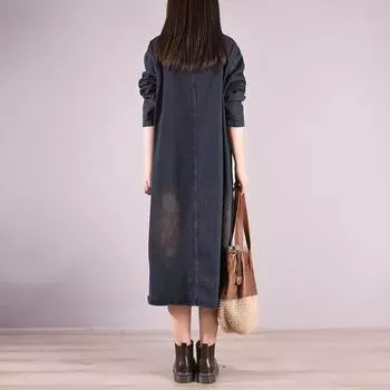 2025 весна и осень новые свободные длинные рукава карманы старый воротник ПОЛО среднее и длинное повседневное джинсовое платье женщины M синий