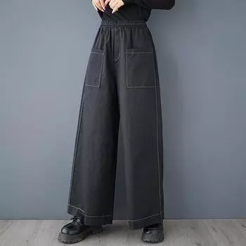 2025 весна и осень новые свободные повседневные брюки с эластичной резинкой на талии яркие линии карманов универсальные и тонкие широкие брюки one size fits all чёрный