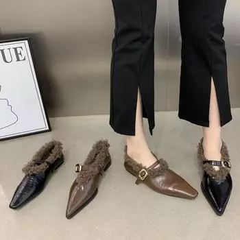 2025 весна и осень новые туфли Mao Mao с заостренным носком и одной педалью, женские туфли Mary Jane на плоской подошве со стразами 35 чёрный