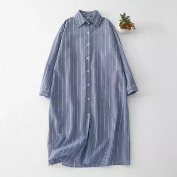 2025 весна и осень одежда новый хлопок и лен свободные и тонкие средние и длинные выше колена с длинным рукавом универсальная повседневная полосатая рубашка юбка женская M светло-синий