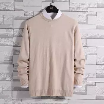 2025 весна и осень зима мужской круглый вырез плюс толстый большой свитер пуловер молодежный однотонный свободный вязаный свитер M бежевый