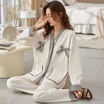 2025 весна клетчатый бант хлопковый пижамный комплект женский длинный рукав и длинные брюки кимоно кардиган пижамы уютная пижама мягкая домашняя одежда M