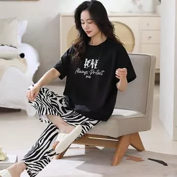2025 весна-лето чистый хлопок пижамный комплект для женщин черный с буквенным принтом короткий рукав топы и длинные брюки пижамы женские повседневные пижамы домашняя одежда M