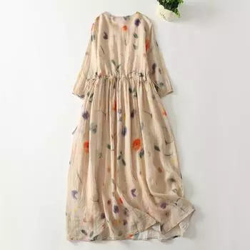 2025 весна-лето хлопковое и льняное платье в стиле отпуска с V-образным вырезом и принтом из рами, свободное повседневное и тонкое платье средней и длинной длины M