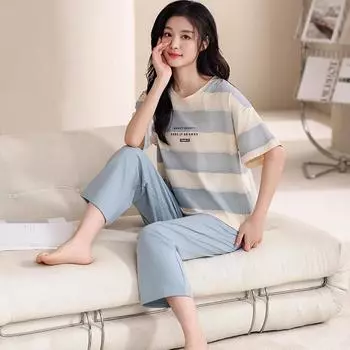 2025 весна-лето хлопковый пижамный комплект для женщин с синим полосатым принтом, топы с короткими рукавами и длинные брюки, женская пижама, повседневная домашняя одежда M