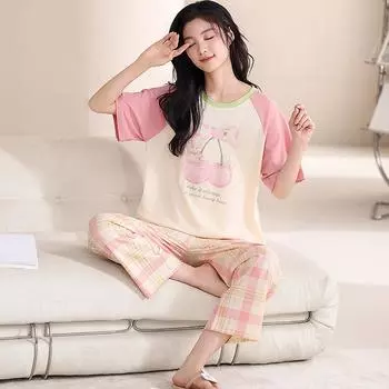 2025 весна-лето хлопковый пижамный комплект для женщин милый мультяшный принт короткий рукав топы и штаны пижамы женские повседневные свободные розовые пижамы домашняя одежда M