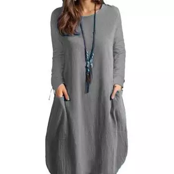2025 весна-лето хлопок и лен свободное повседневное однотонное платье с карманом и длинными рукавами для женщин S темно-синий