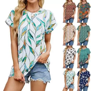 2025 весна-лето лето принтованный круглый вырез свободный короткий рукав футболка топ для женщин XXL зелёный/фиолетовый