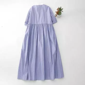 2025 весна-лето литературное платье с короткими рукавами женское маленькая полосатая средняя и длинная юбка-рубашка M