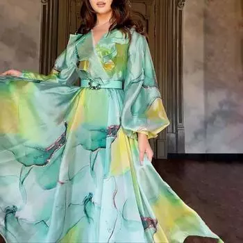 2025 весна-лето новое сетчатое платье с принтованными маятниковыми лацканами, женское пригородное платье большого размера S изумрудный