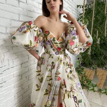 2025 весна-лето новое женское платье топ-труба с одним словом на плече разрез вышивка темперамент сетчатое платье S