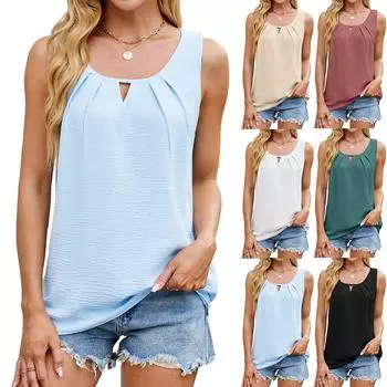 2025 весна/лето новый однотонный жилет с V-образным вырезом без рукавов плиссированная шифоновая рубашка XL чёрный