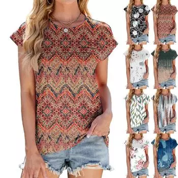 2025 весна-лето новый полосатый принт с круглым вырезом свободный короткий рукав футболка топ женский XXL красный/белый