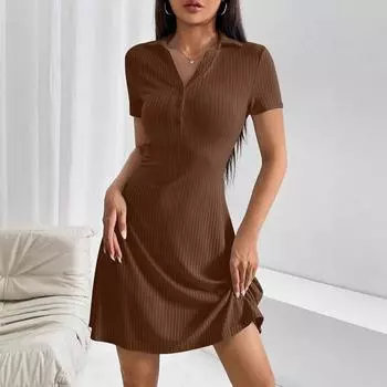 2025 весна-лето однотонное мини-платье с коротким рукавом и воротником-поло для женщин, повседневное облегающее элегантное обтягивающее эластичное трикотажное платье А-силуэта S