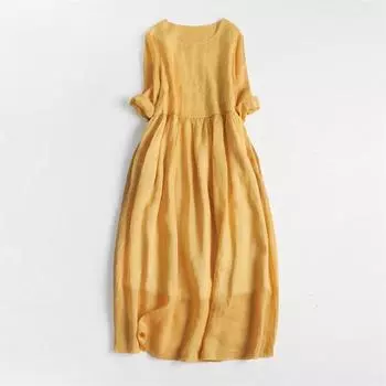 2025 весна-лето однотонное платье из ткани рами с круглым вырезом, вышитое на талии шнуровкой, тонкое и элегантное платье в стиле феи-красавицы M жёлтый