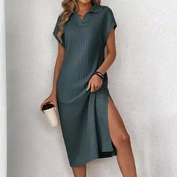 2025 весна-лето однотонное платье макси с коротким рукавом и воротником-поло, женские повседневные свободные эластичные трикотажные платья, модное облегающее платье S