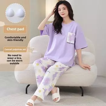 2025 весна-лето Пижамный комплект с нагрудником для женщин Фиолетовый цветочный принт Топы с короткими рукавами и длинные брюки Пижамы женские Повседневная пижама Домашняя одежда M