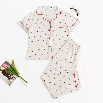 2025 весна лето пижамы женские пижамный комплект клубничный принт белый короткий рукав топ и брюки пижама одежда для дома наряд S