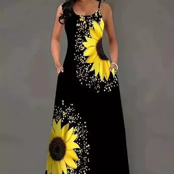 2025 весна-лето популярное платье с принтом на подтяжках, цветочный карман, круглый вырез, подтяжки, А-образный силуэт, длинное платье женская одежда S