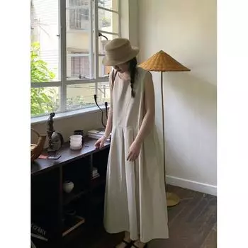 2025 весна-лето ретро хлопка и льна маятник простой однотонный текстурный жилет без рукавов платье средней и длинной длины M красный