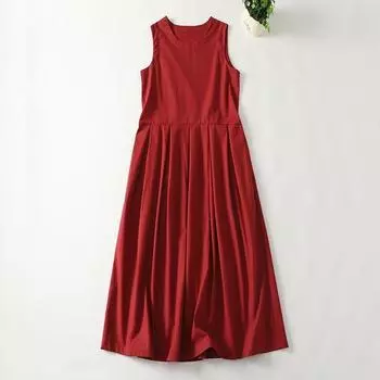 2025 весна-лето ретро платье-маятник из хлопка и льна женское простое однотонное фактурное круглое воротничковое безрукавное длинное платье-жилет M красный