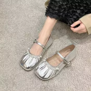 2025 весна-лето серебристые французские нежные маленькие кожаные туфли женские новые вечерние туфли-лодочки Мэри Джейн с юбкой на плоской подошве 35
