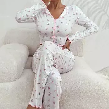 2025 весна лето женская пижама комплект топы с длинными рукавами брюки пижамы комплект из 2 предметов свободная домашняя одежда костюм пижама женская S