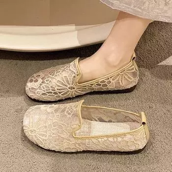 2025 весна-лето женские туфли с мягкой подошвой из сетчатой пряжи дышащие вышитые одинарные туфли на плоской подошве повседневные туфли с неглубоким горлом Doudo 35 хаки