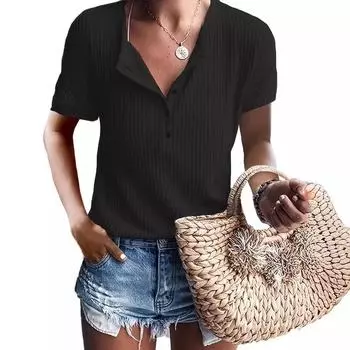 2025 весна-лето женский новый свободный топ с короткими рукавами на пуговицах вафельного кроя S чёрный