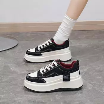 2025 весна маленькие белые туфли новая корейская версия женские студенческие туфли на платформе с увеличенным размером для занятий спортом на доске повседневная уличная съемка SHA18 35 чёрный