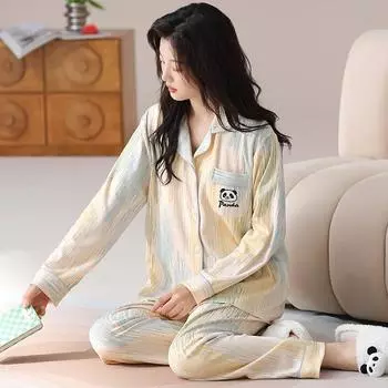 2025 весна милый принт панды хлопковые пижамные комплекты женские длинные рукава и длинные брюки отложной воротник пижамы уютный пижамный комплект мягкая домашняя одежда M