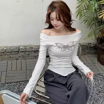 2025 весна мода нерегулярный принт бабочки женские футболки чистый хлопок косой вырез белая футболка Harajuku повседневная тонкая нижняя часть y2k топы женские S белый