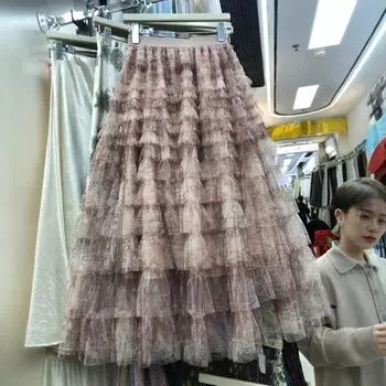 2025 весна новая мода эластичная талия тай-дай юбка фея торт женское длинное платье one size fits all тёмно-рыжий