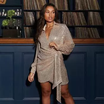 2025 весна новая мода женская одежда бретели тонкий длинный рукав пайетки платье женская одежда S абрикосовый