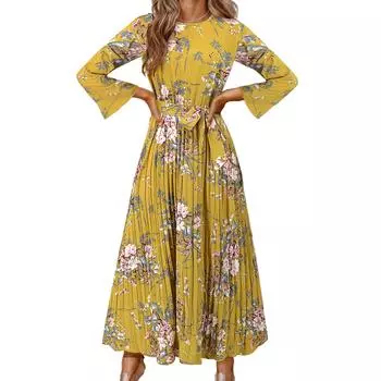 2025 весна новая расклешенная юбка с принтом в стиле бохо, плиссированная юбка женская средней и длинной длины S