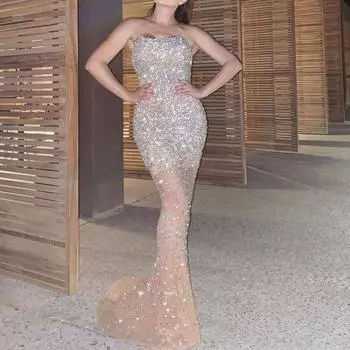 2025 весна новая женская одежда бронзовый облегающий сексуальный длинный рукав длинное платье S золотой